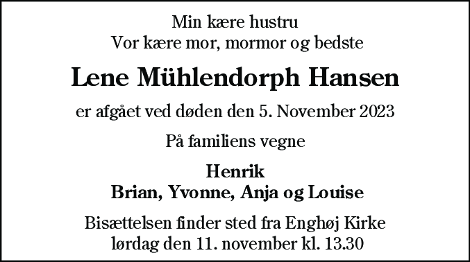 Dødsannonce for Lene Mühlendorph Hansen