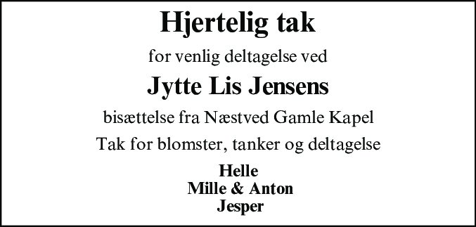 Dødsannonce for Jytte Lis Jensen
