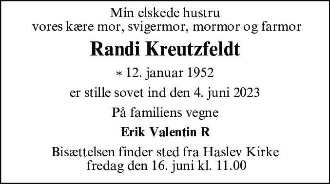 Dødsannonce for Randi Kreutzfeldt