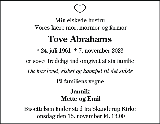 Dødsannonce for Tove Abrahams