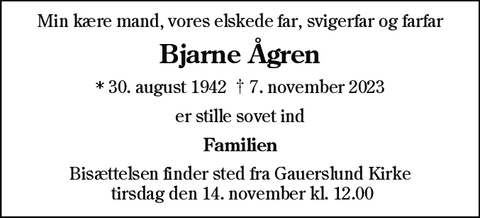 Dødsannonce for Bjarne Ågren