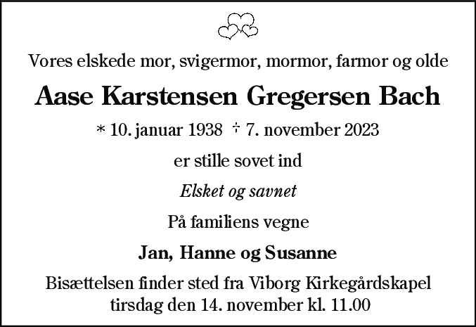 Dødsannonce for Aase Karstensen Gregersen Bach