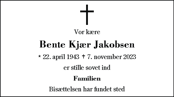 Dødsannonce for Bente Kjær Jakobsen