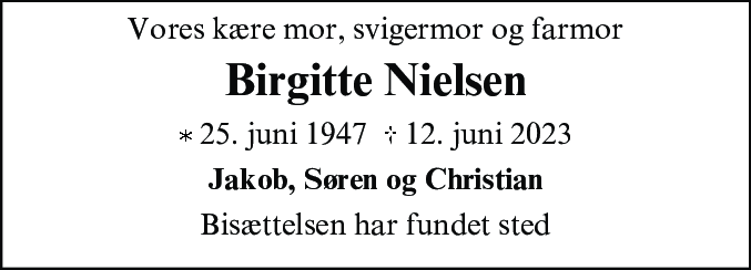Dødsannonce for Birgitte Nielsen