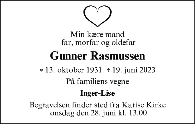 Dødsannonce for Niels Gunner Rasmussen