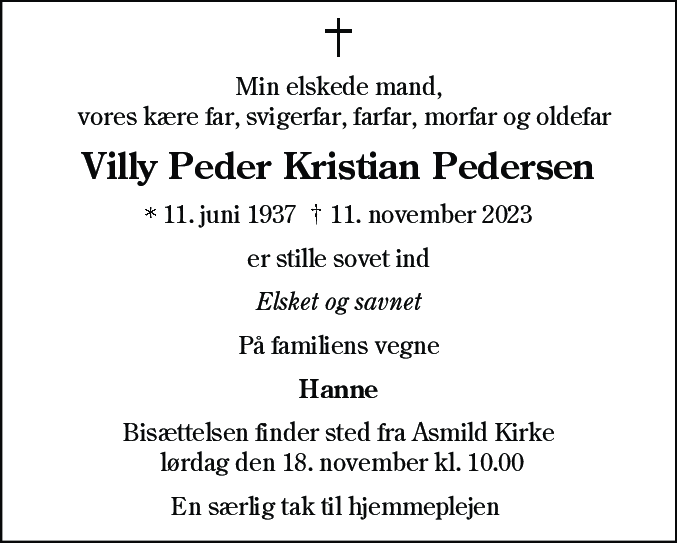 Dødsannonce for Villy Peder Kristian Pedersen