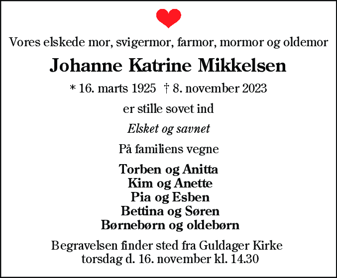 Dødsannonce for Johanne Katrine Mikkelsen