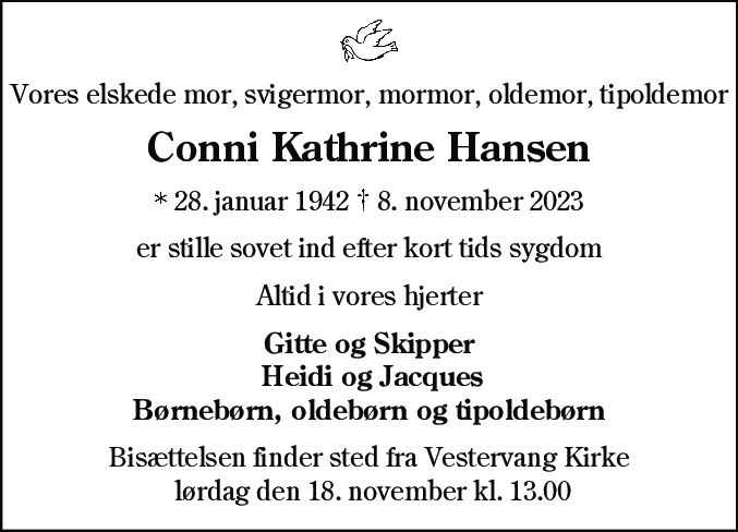 Dødsannonce for Conni Kathrine Hansen