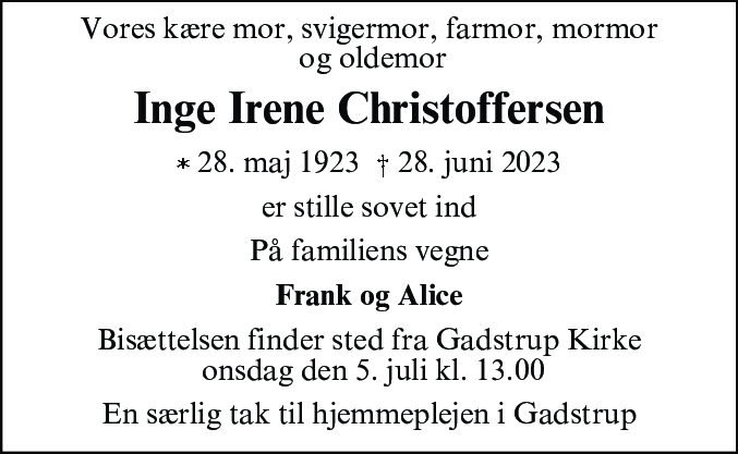 Dødsannonce for Inge Irene Christoffersen