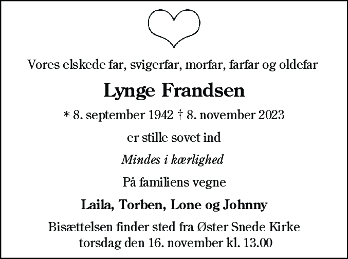 Dødsannonce for Lynge Frandsen