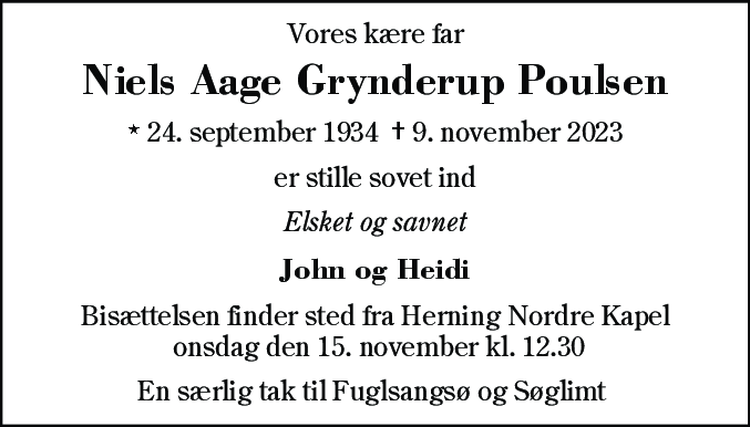 Dødsannonce for Niels Aage Grynderup Poulsen
