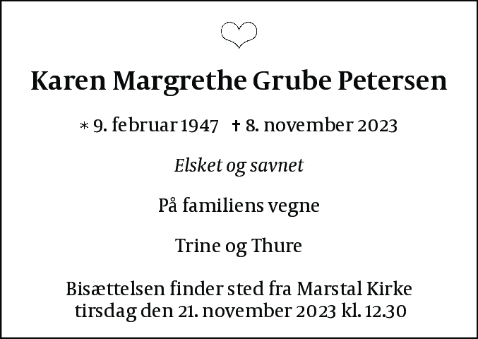 Dødsannonce for Karen Margrethe Grube Petersen
