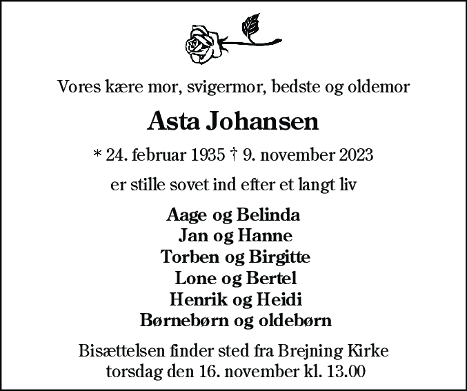 Dødsannonce for Asta Johansen