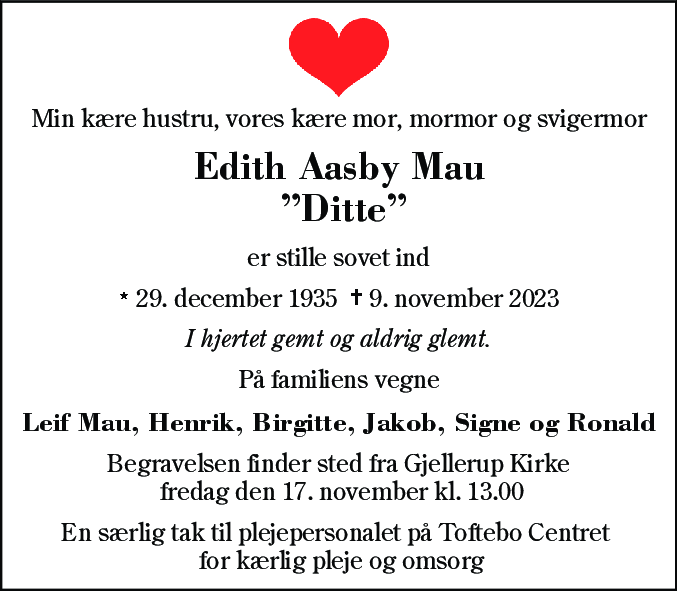 Dødsannonce for Edith Aasby Mau