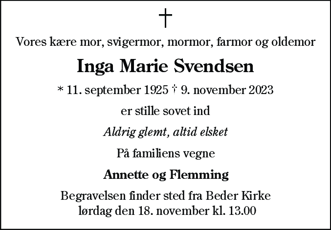 Dødsannonce for Inga Marie Svendsen