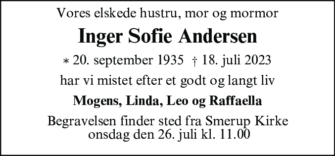 Dødsannonce for Inger Sofie Andersen