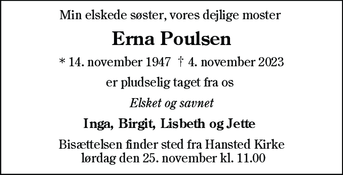 Dødsannonce for Erna Poulsen