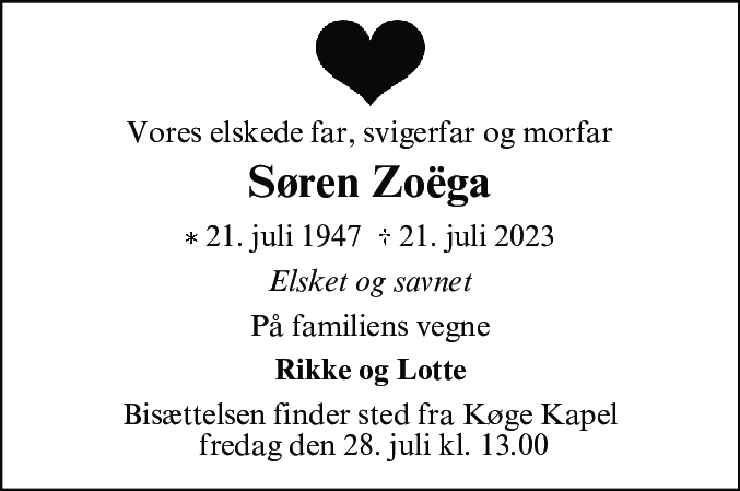 Dødsannonce for Søren Zoëga