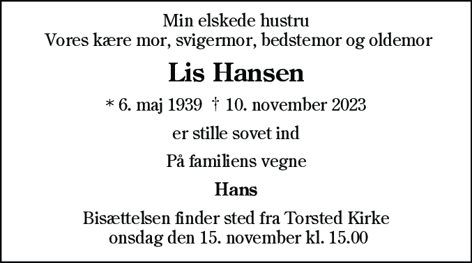 Dødsannonce for Lis Hansen