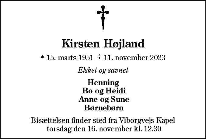 Dødsannonce for Kirsten Højland