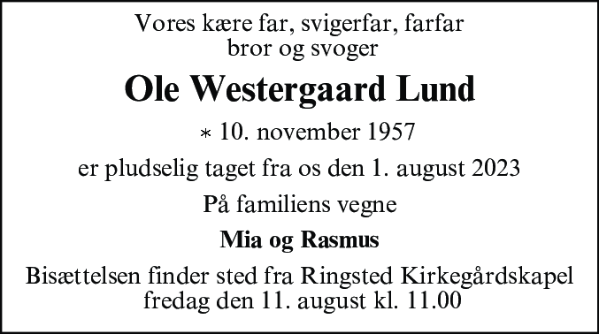 Dødsannonce for Ole Westergaard Lund