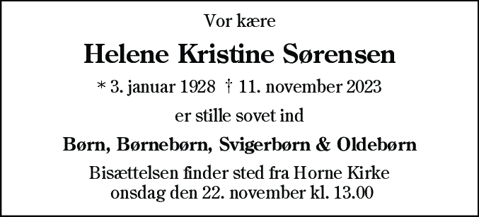 Dødsannonce for Helene Kristine Sørensen