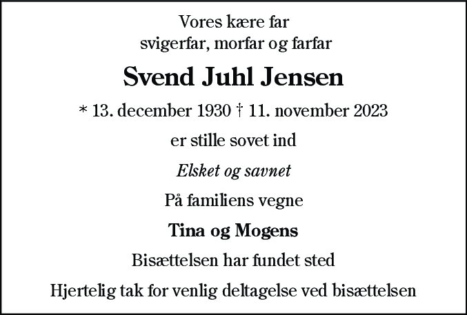 Dødsannonce for Svend Juhl Jensen