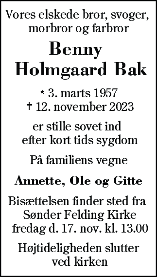Dødsannonce for Benny Holmgaard Bak