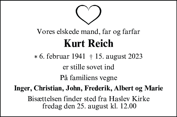 Dødsannonce for Kurt Reich