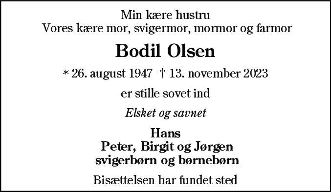 Dødsannonce for Bodil Olsen
