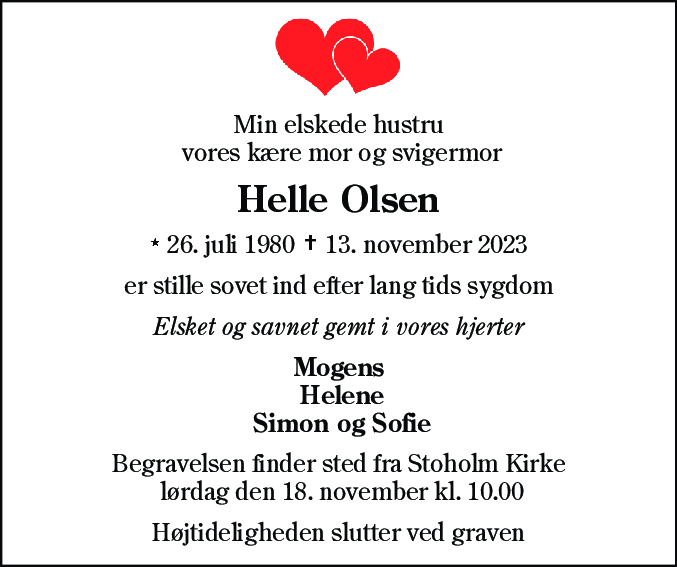 Dødsannonce for Helle Olsen