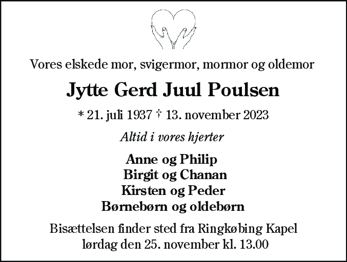 Dødsannonce for Jytte Gerd Juul Poulsen