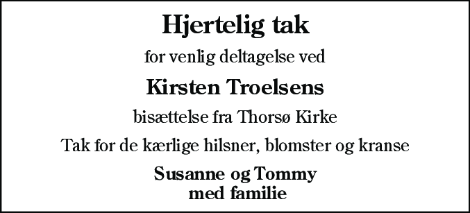 Dødsannonce for Kirsten Troelsen