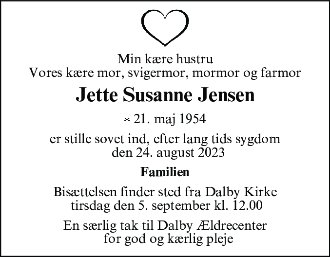 Dødsannonce for Jette Susanne Jensen