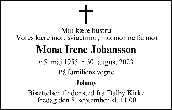 Dødsannonce for Mona Irene Johansson