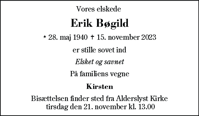 Dødsannonce for Erik Bøgild