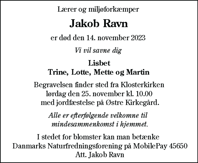 Dødsannonce for Jakob Christian Ravn