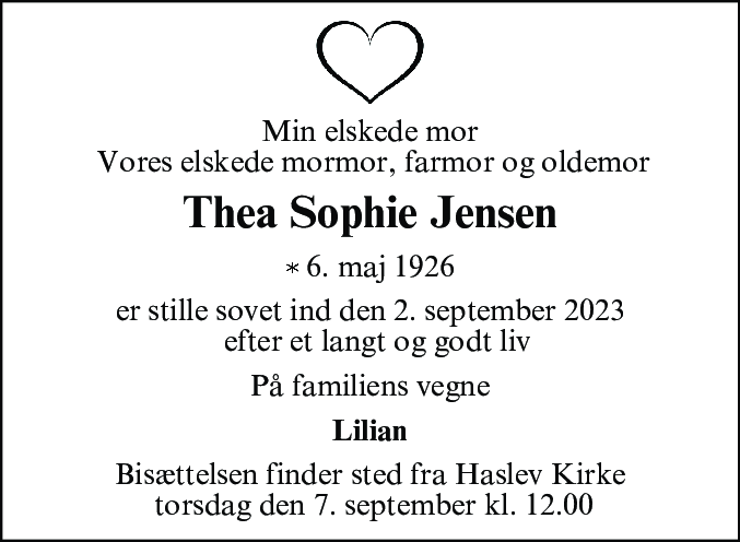 Dødsannonce for Thea Sophie Jensen