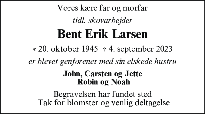 Dødsannonce for Bent Erik Larsen