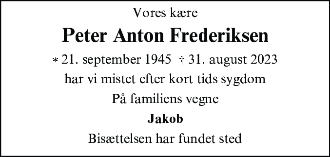 Dødsannonce for Peter Anton Frederiksen