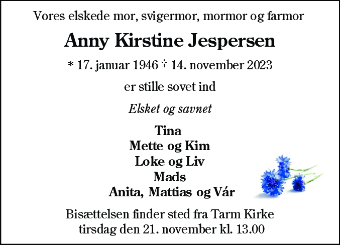 Dødsannonce for Anny Kirstine Jespersen