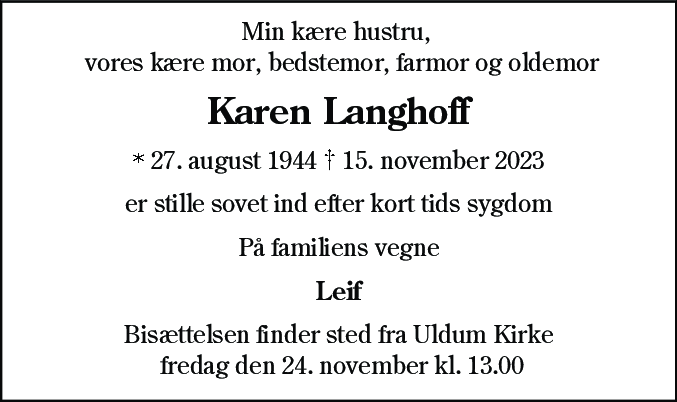 Dødsannonce for Karen Langhoff