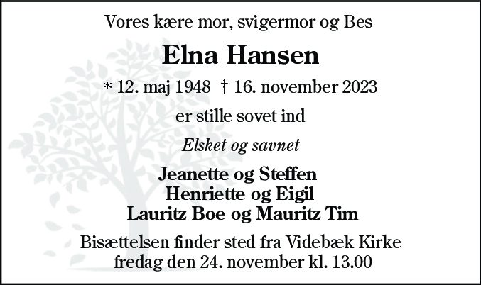 Dødsannonce for Elna Hansen