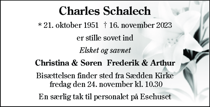Dødsannonce for Charles Schalech