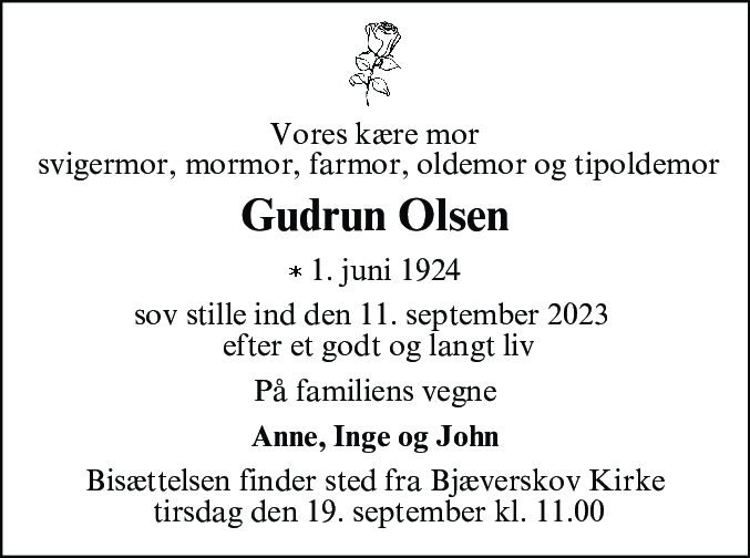 Dødsannonce for Gudrun Margrethe Olsen