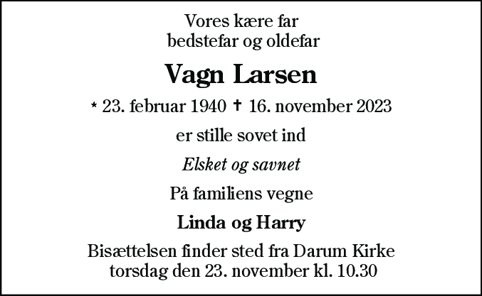 Dødsannonce for Vagn Larsen