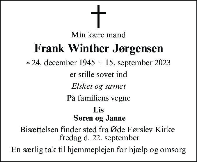 Dødsannonce for Frank Winther Jørgensen