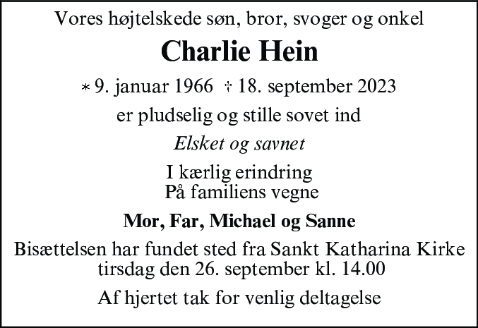 Dødsannonce for Charlie Hein
