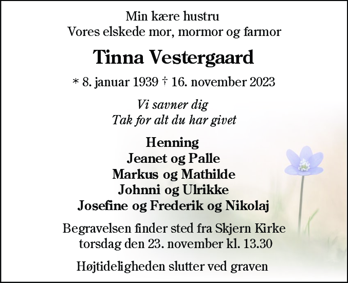Dødsannonce for Tinna Vestergaard
