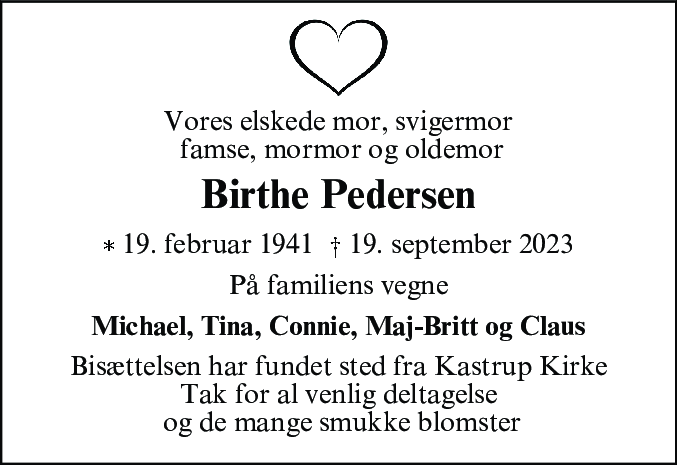 Dødsannonce for Birthe Pedersen